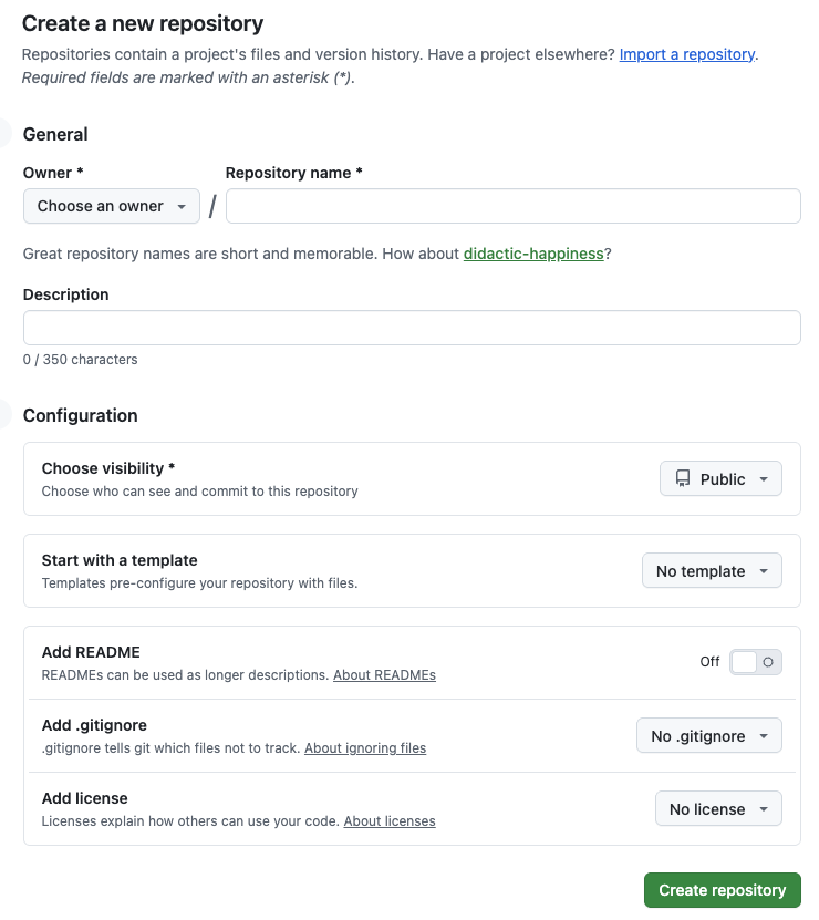 Le formulaire « Create a new repository » de GitHub, avec les sections General et Configuration