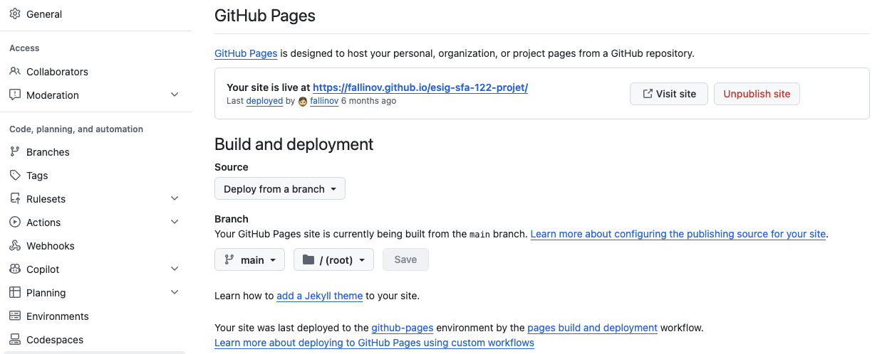 L'écran Settings → Pages : Source « Deploy from a branch », branche main et dossier root