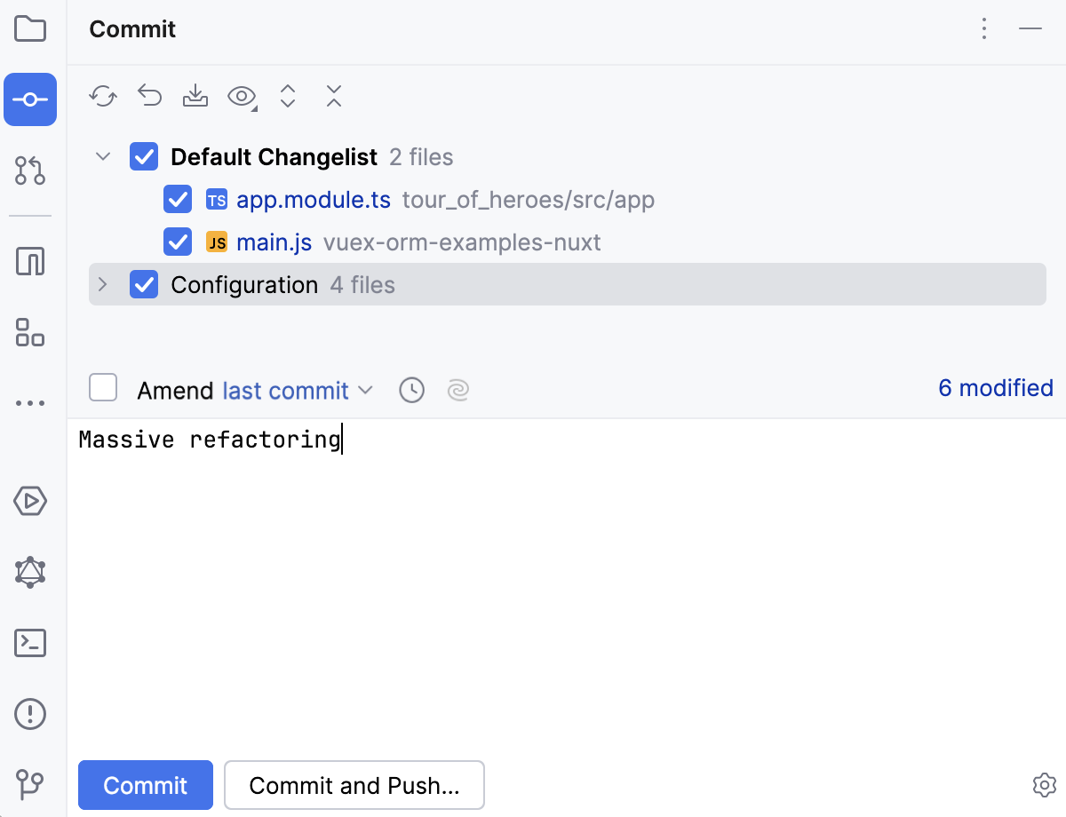 Le panneau Commit de WebStorm : fichiers cochés, message de commit et boutons Commit / Commit and Push