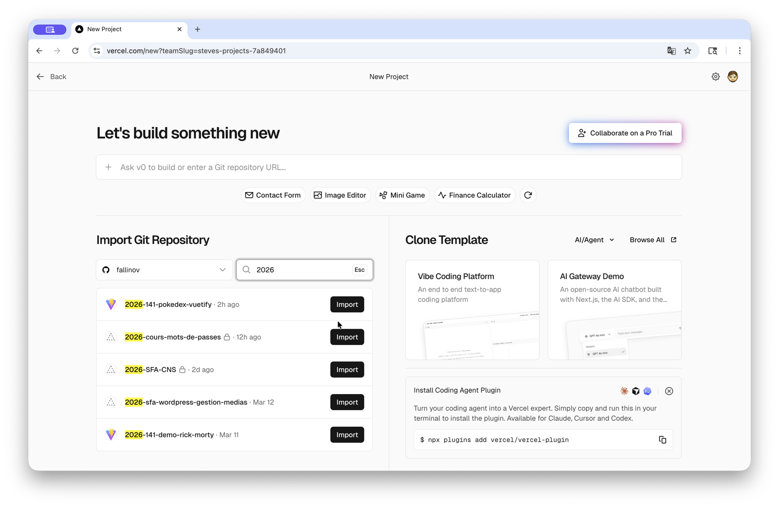 Page New Project — recherche dans les dépôts GitHub