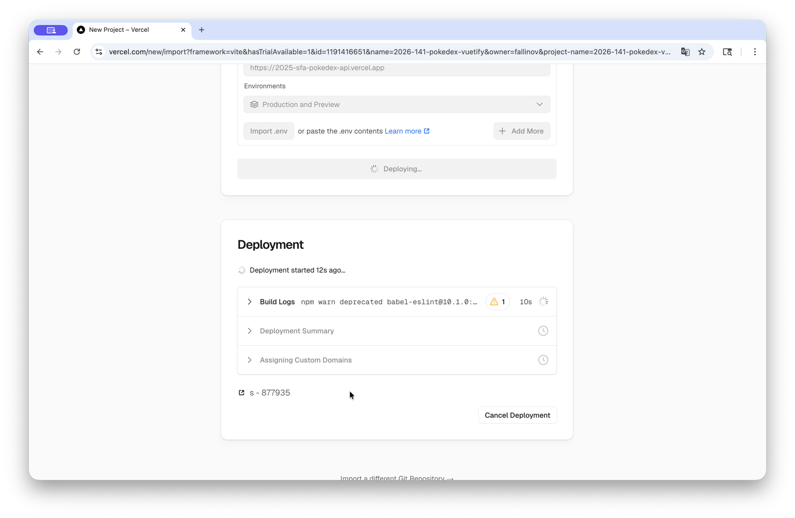Build en cours sur Vercel