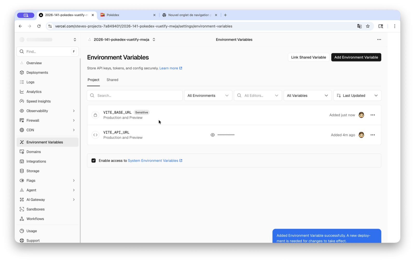 Liste des variables d'environnement avec VITE_BASE_URL et VITE_API_URL