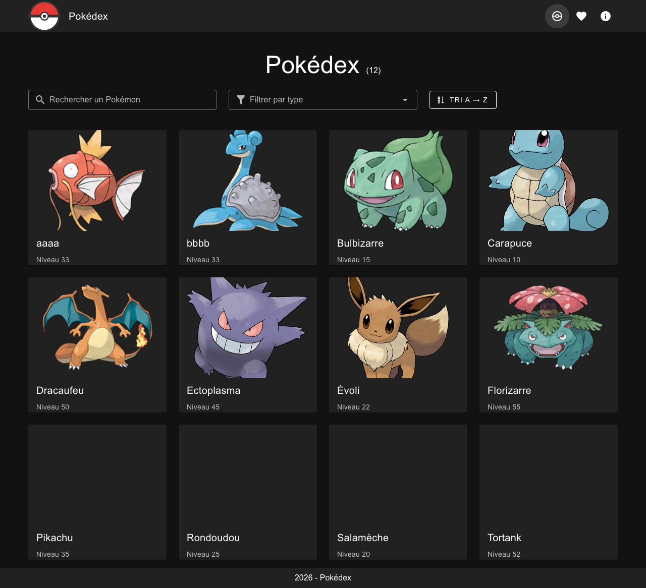 Page d'accueil avec recherche, filtre par type et tri alphabétique