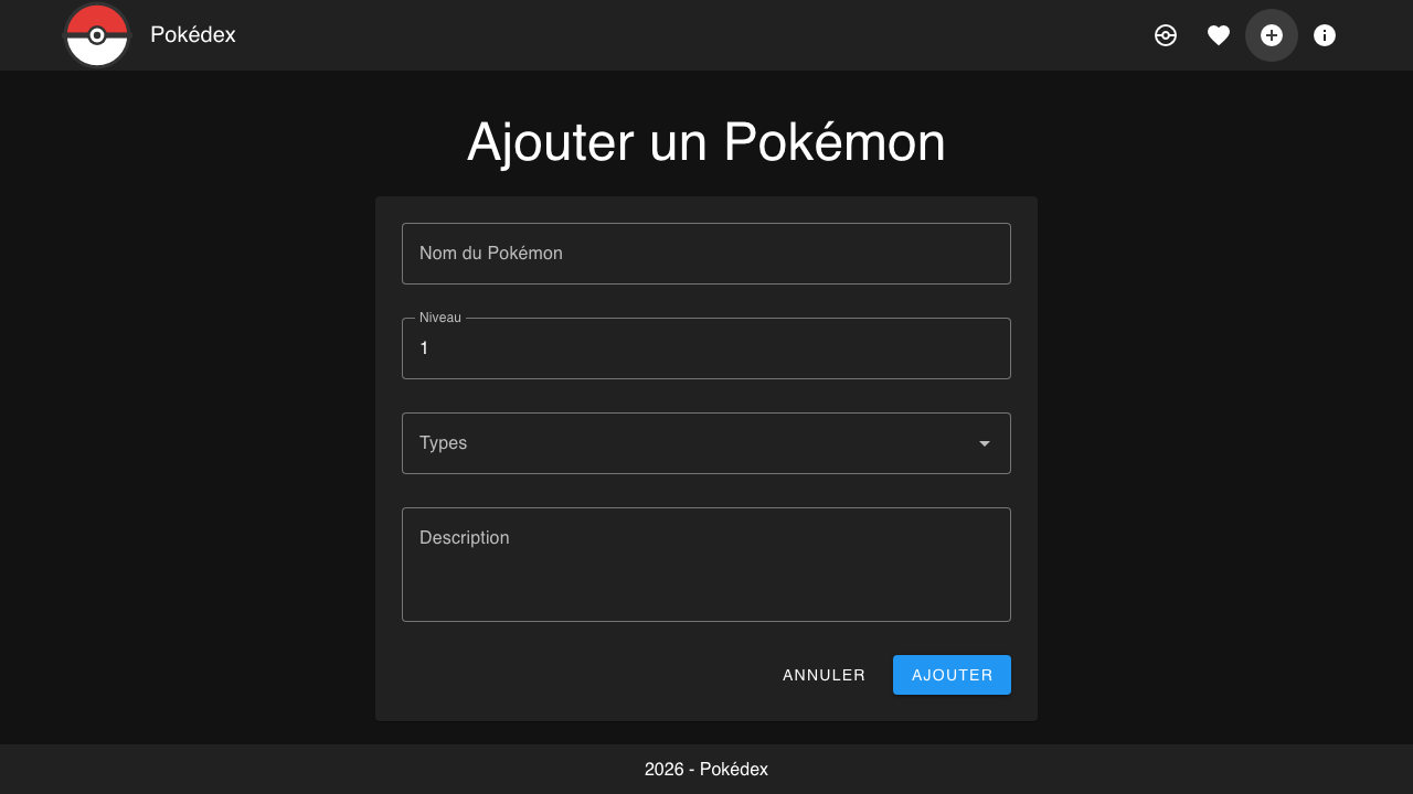 Formulaire d'ajout de Pokémon