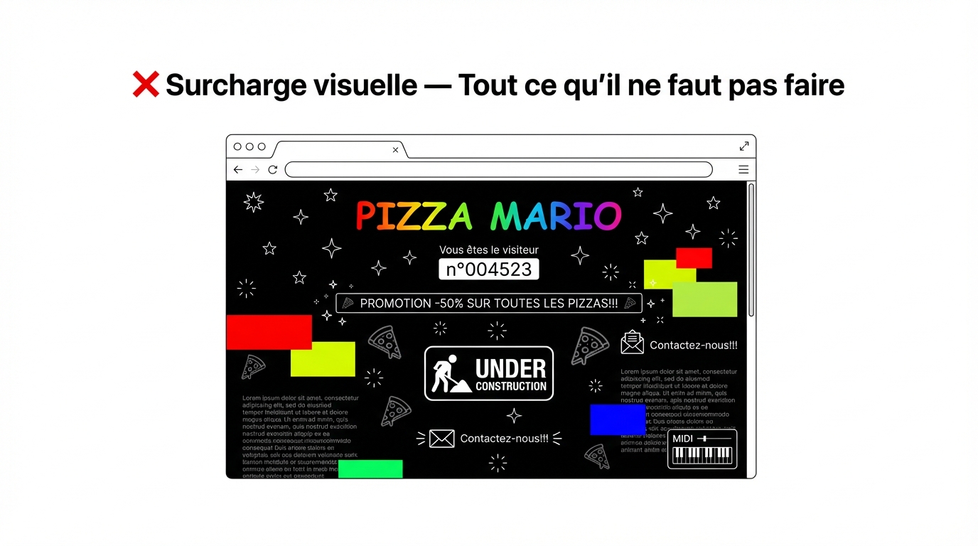Site web de pizzeria amateur style années 2000 : Comic Sans, fond noir étoilé, couleurs criardes, GIF animés, compteur de visiteurs — tout ce qu'il ne faut pas faire