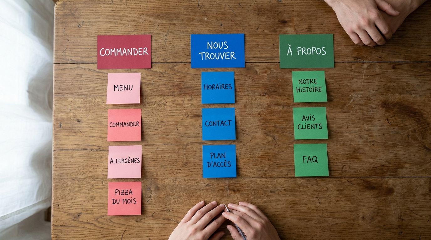 Résultat du card sorting : les post-it sont maintenant regroupés en 3 colonnes — Commander (rouge), Nous trouver (bleu), À propos (vert)