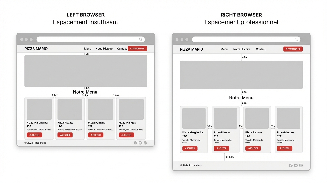 Wireframes du site Pizza Mario : à gauche un espacement insuffisant (éléments serrés), à droite un espacement professionnel avec les valeurs en pixels annotées