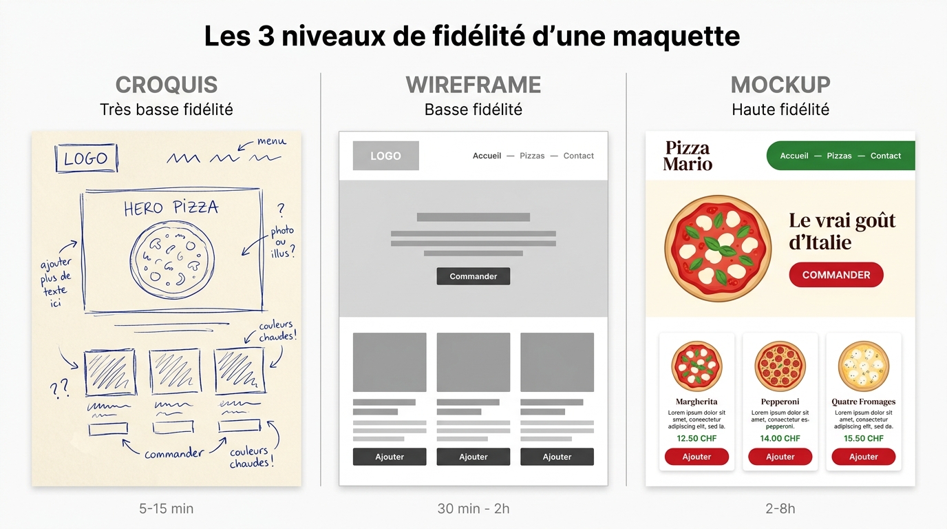 Comparaison des 3 niveaux de fidélité d'une maquette : à gauche un croquis papier de la page Pizza Mario avec stylo bleu, au centre un wireframe en niveaux de gris, à droite un mockup avec couleurs rouge tomate, vert basilic et photo de pizza Margherita