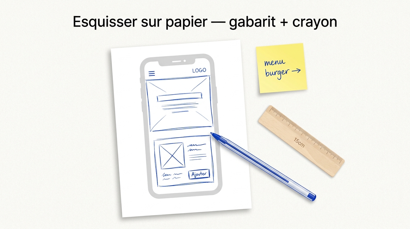 Vue de dessus d'un gabarit smartphone imprimé en gris clair sur une feuille blanche, avec un wireframe en cours de dessin au stylo bleu (header, hero, carte produit), un stylo bleu posé sur la feuille, une règle 15cm en bois, et un post-it jaune annoté « menu burger »