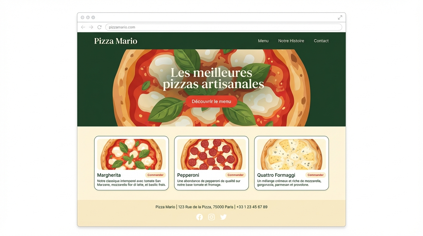 Site web Pizza Mario professionnel : typographie élégante, palette cohérente rouge-vert-crème, belle photo de pizza, bouton Commander bien visible, navigation claire