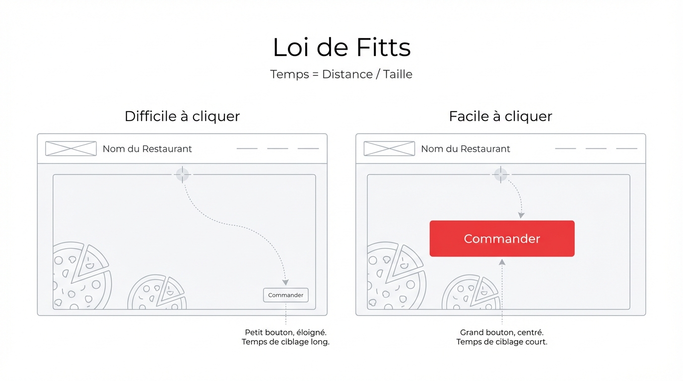Loi de Fitts : un petit bouton éloigné vs un grand bouton centré — plus la cible est grande et proche, plus elle est facile à atteindre