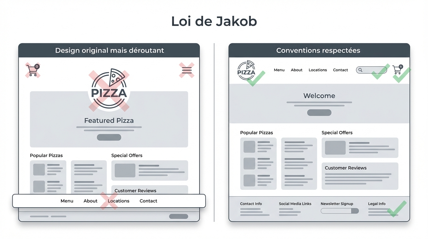 Loi de Jakob : un site avec une navigation inhabituelle vs un site qui respecte les conventions (logo en haut à gauche, nav horizontale, etc.)