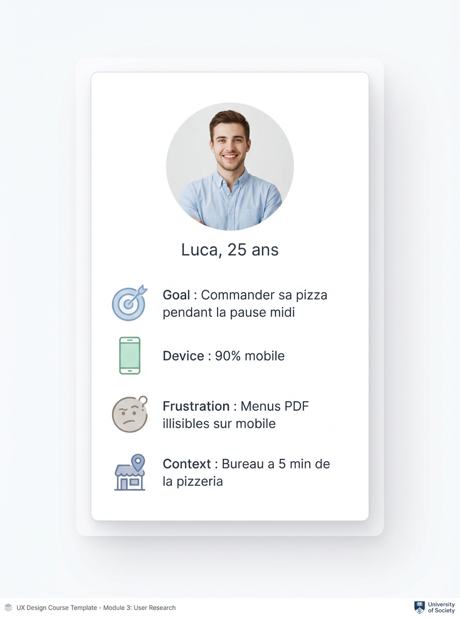 Fiche persona UX de Luca, 25 ans : objectif commander sa pizza à midi, 90% mobile, frustré par les menus PDF illisibles