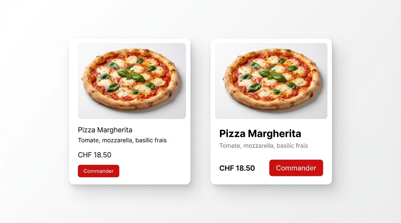 Deux fiches produit Pizza Margherita : à gauche les espacements sont incohérents et le titre manque de poids, à droite les éléments sont bien groupés avec une hiérarchie claire