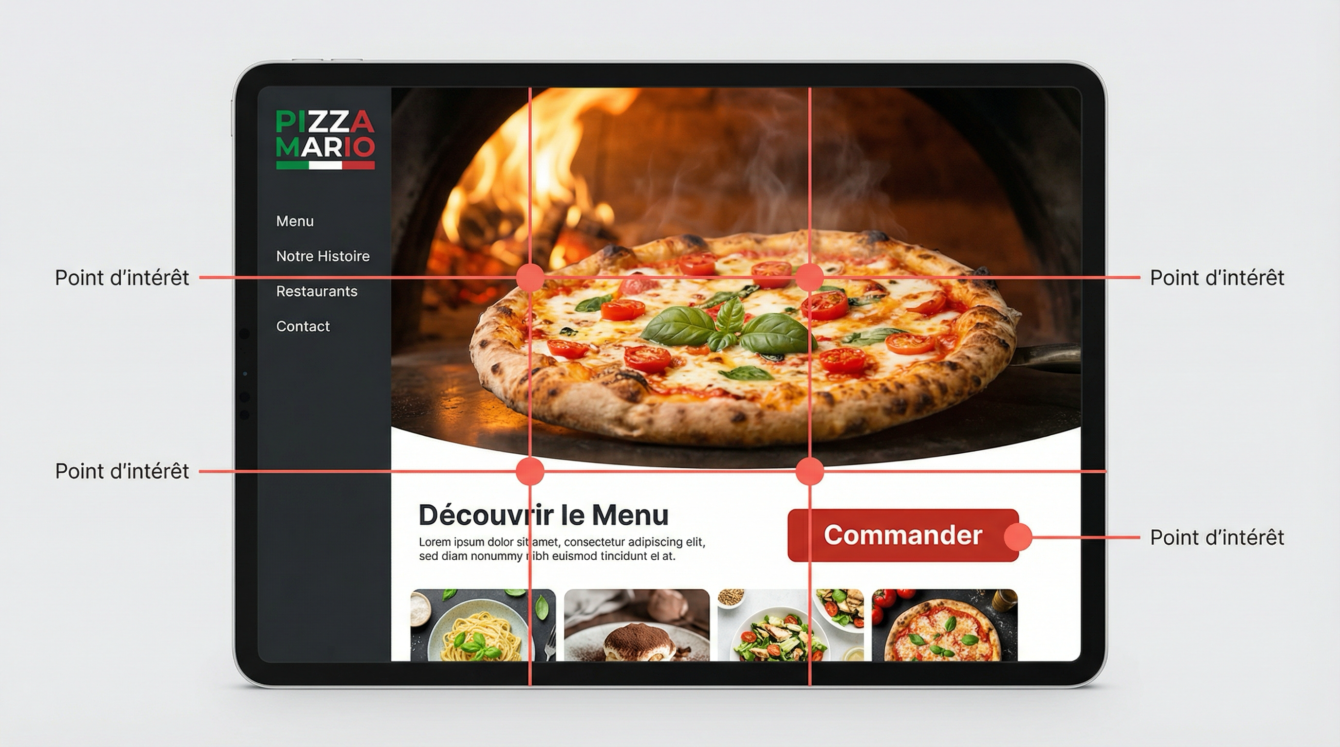 Site Pizza Mario avec grille des tiers superposée : le logo est dans la zone haut-gauche, la pizza au centre, le bouton Commander dans la zone bas-droite